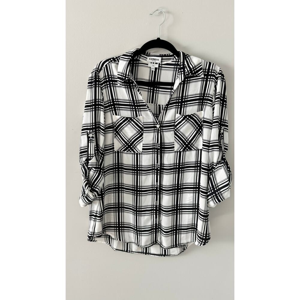 Express Portofino Shirt (Slim Fit) – Black & White Plaid – Size L